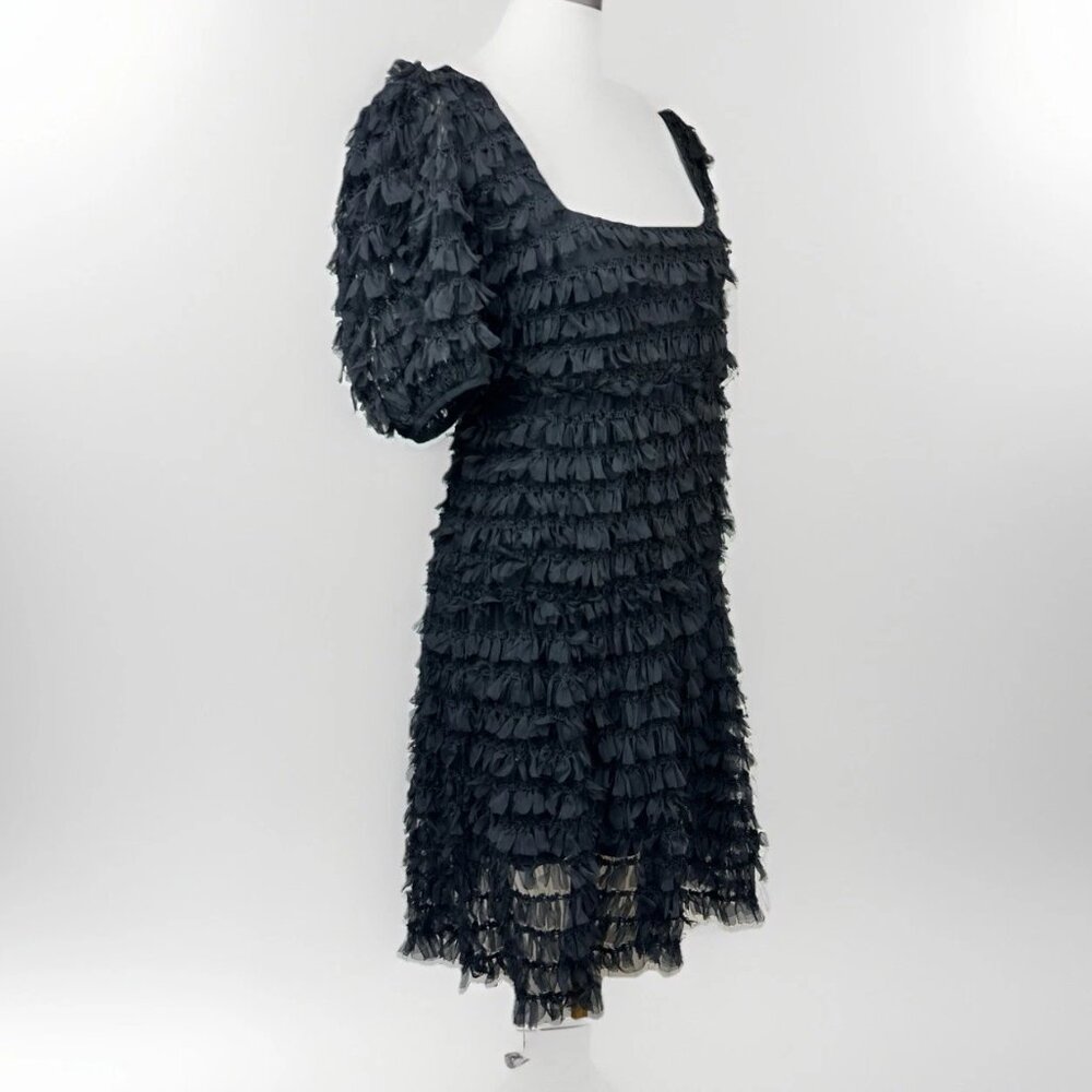 ✨ NWT Zara Black Tulle Fringe Mini Dress Small Puff Sleeve Ruffle 🖤 - Picture 11 of 16